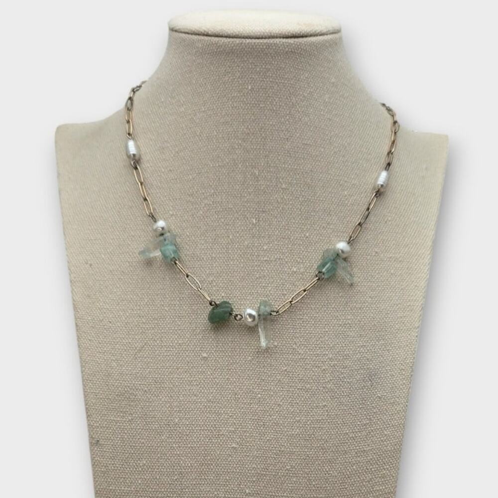 Green Glass & Pearl Accent Gold Tone Chain Necklace - Garden Party Romantic